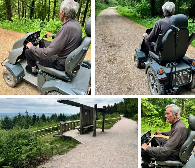 A montage of photos as Peter explores Haldon forest on a Tramper. The sweeping path is surrounded by greenery and trees. A viewpoint resting place overlooks far reaching forest views.